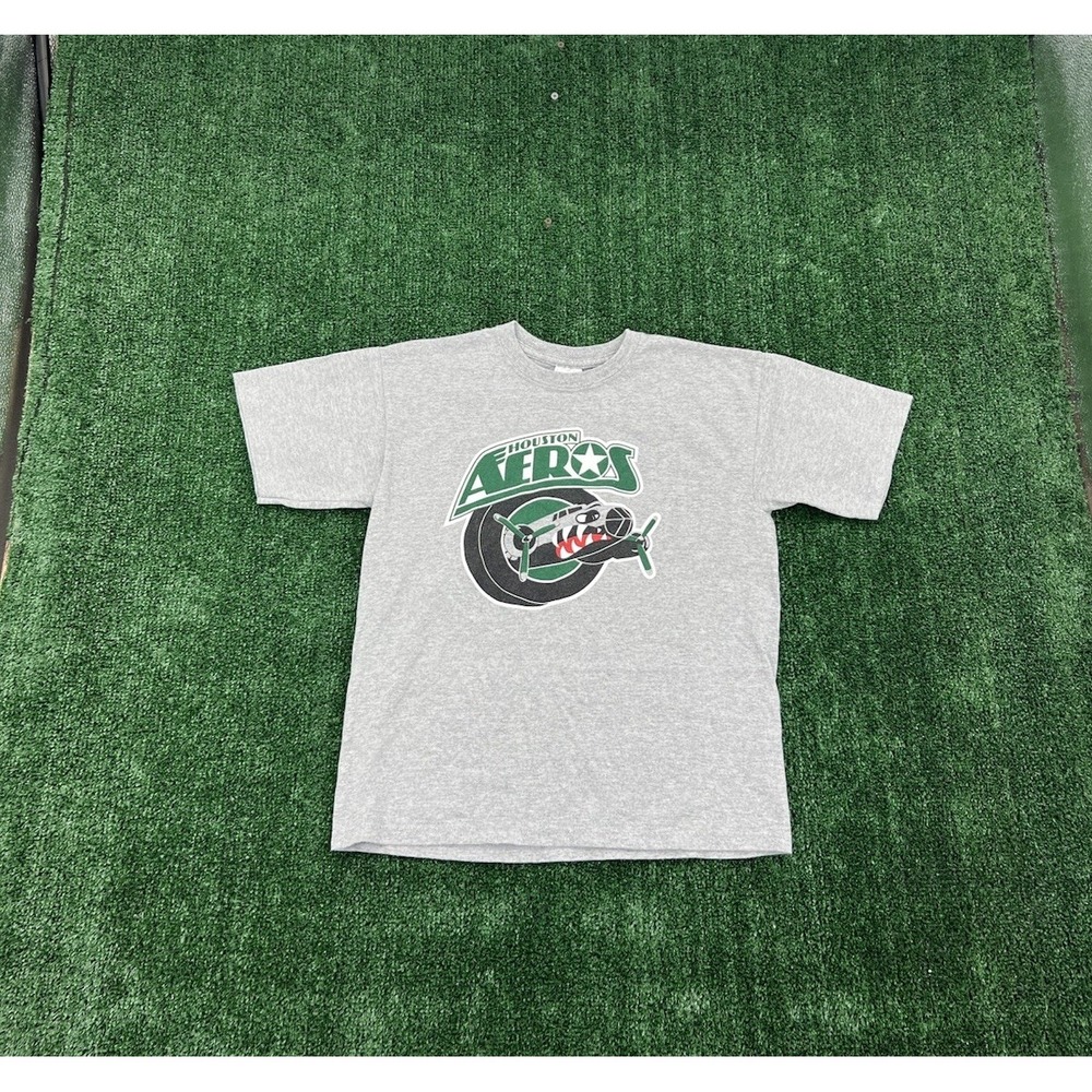 Vintage Houston Aeros IHL Hockey Youth T-Shirt L Gray Green